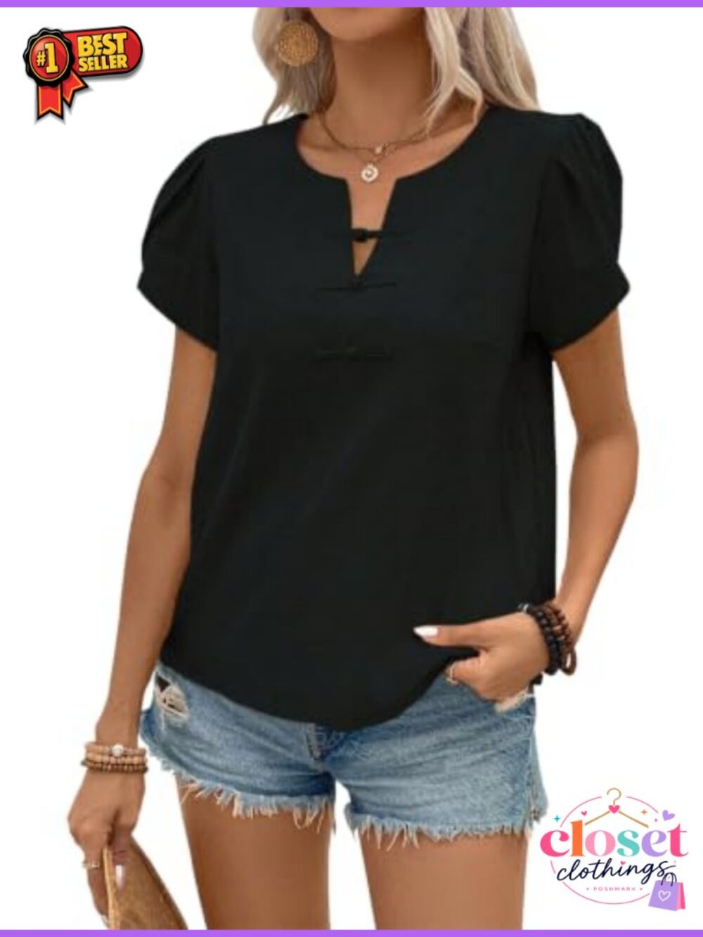 Womens Petal Sleeve Henley V Neck Button Blouse Casual Summer Top